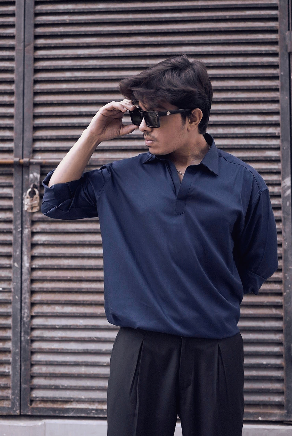 Front view of navy blue open collar full sleeve shirt for men