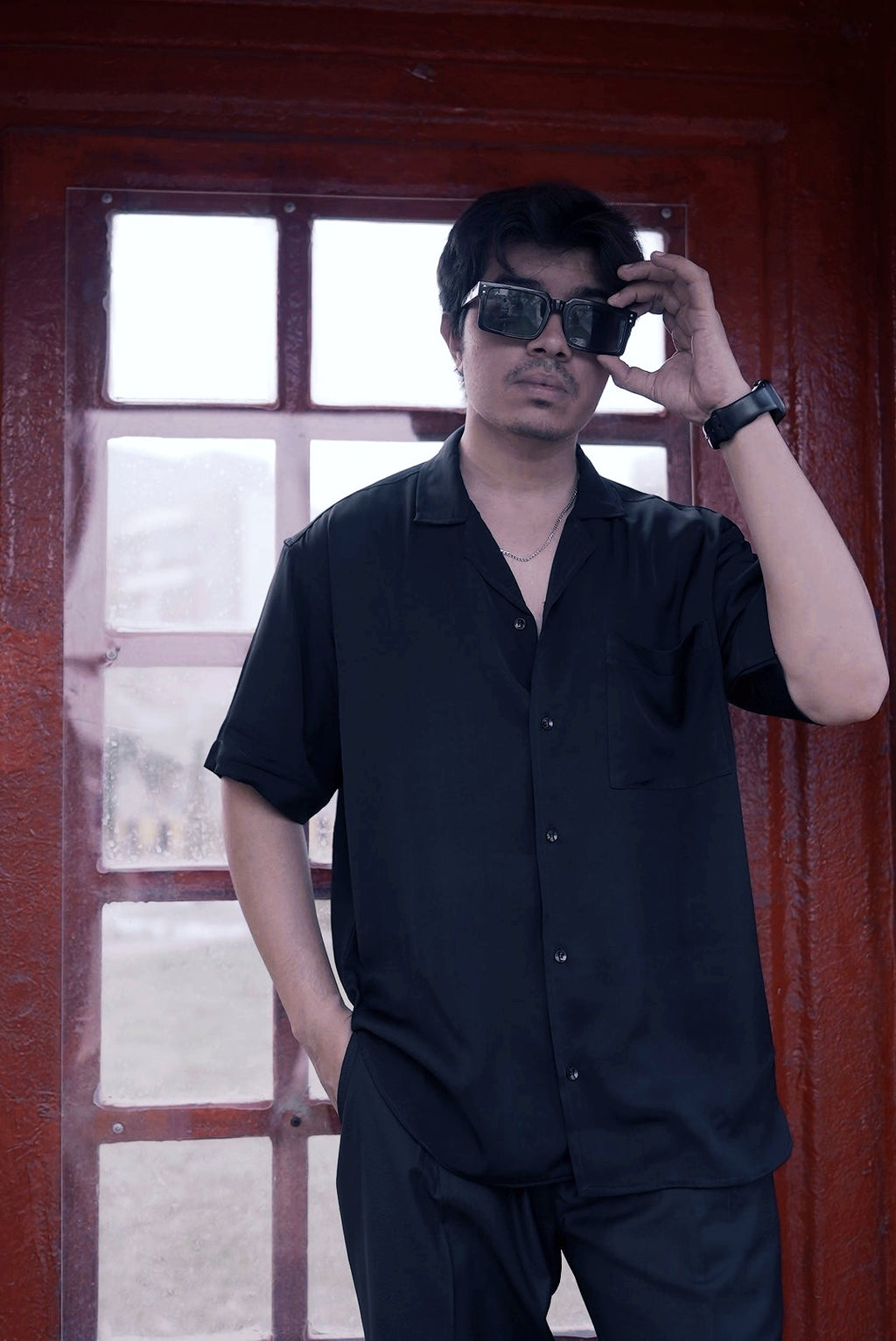 Black cuban half sleeve shirt for men with relaxed drop shoulder fit