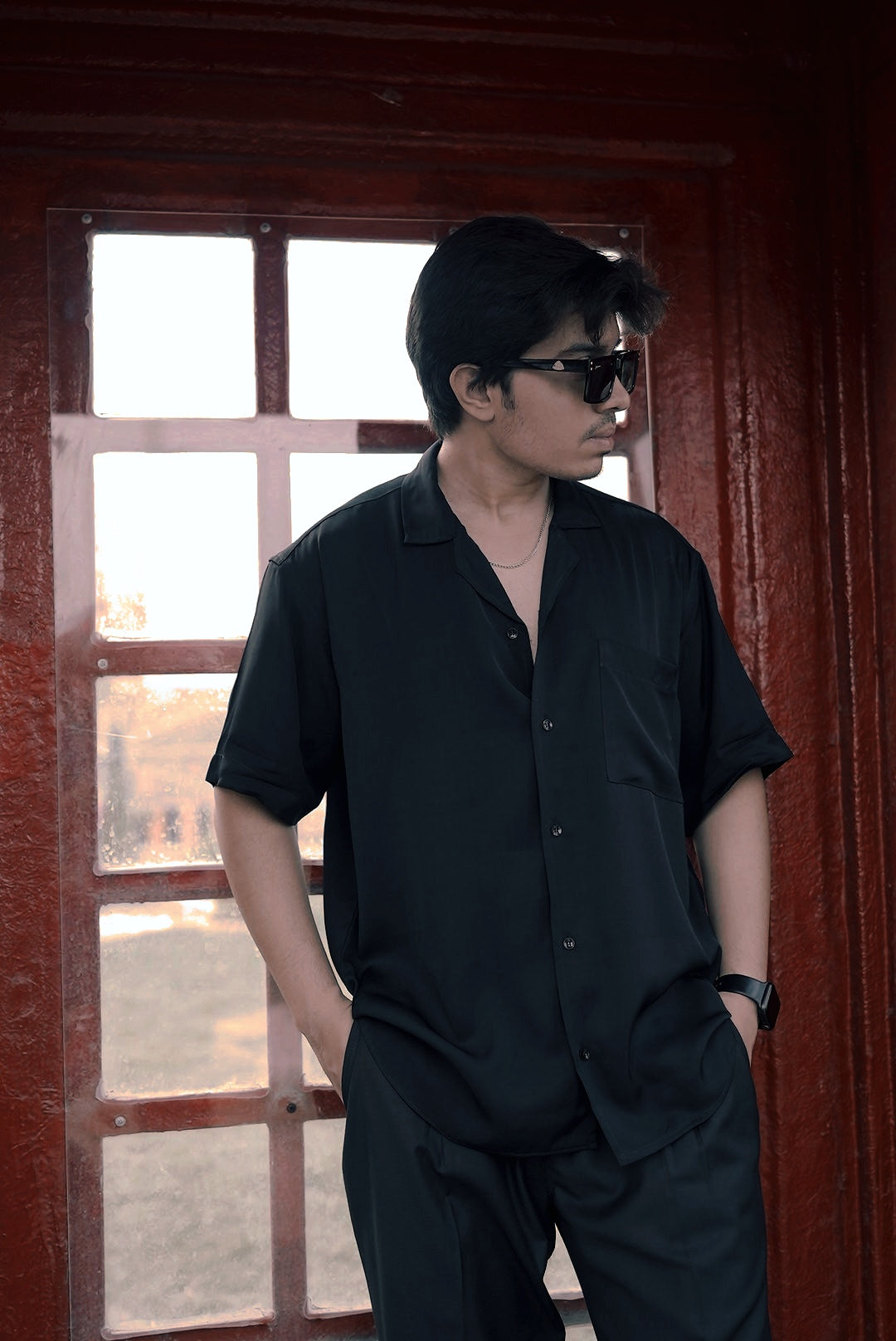 Black noir cuban half sleeve shirt for men with relaxed drape