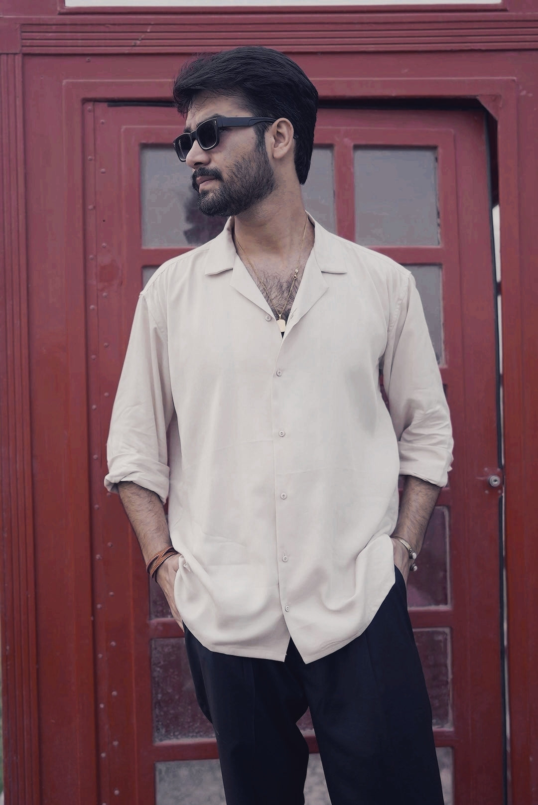 Sand cuban full sleeve shirt for men with premium neutral finish by DOT