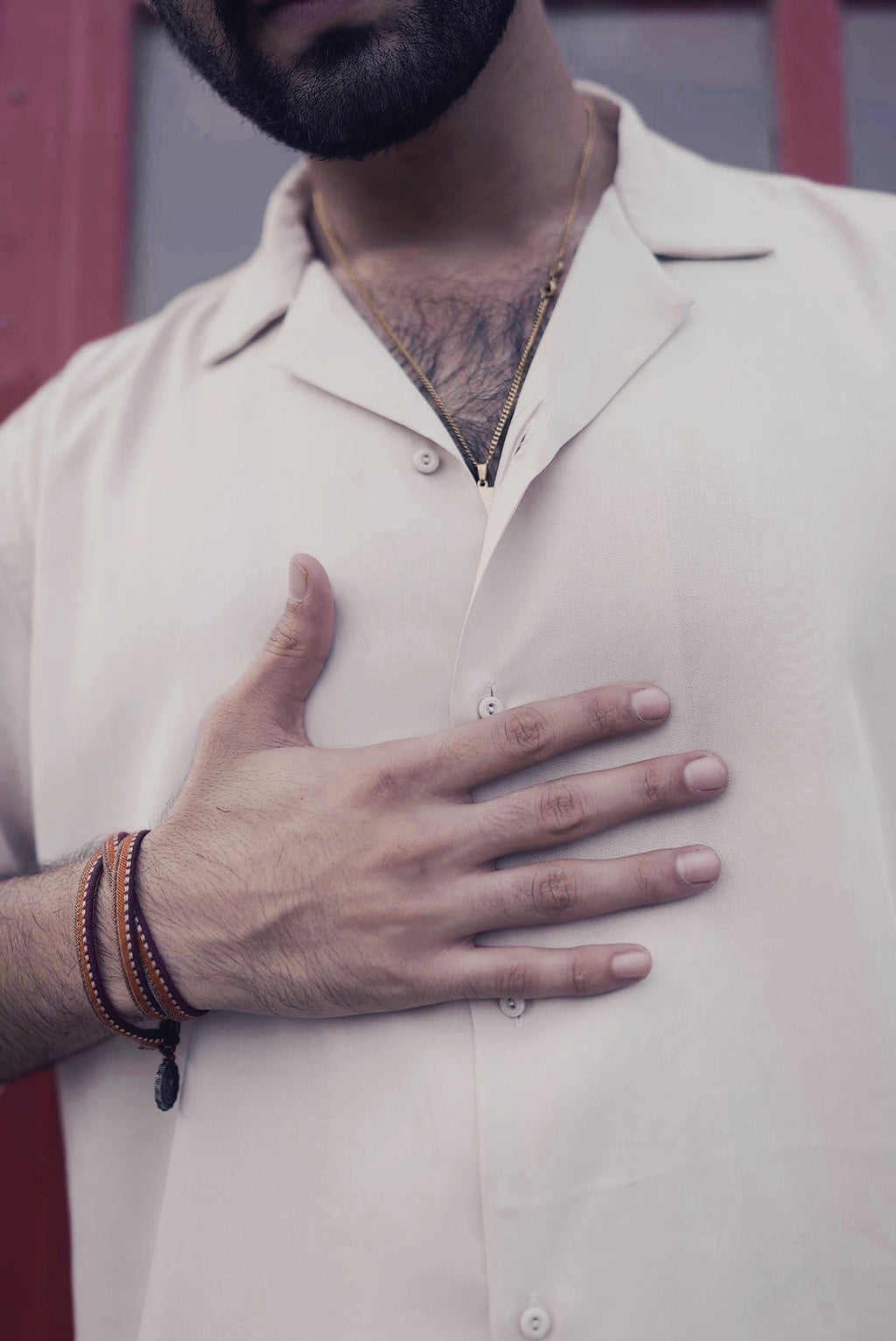 Close-up of cuban collar of sand full sleeve mens shirt